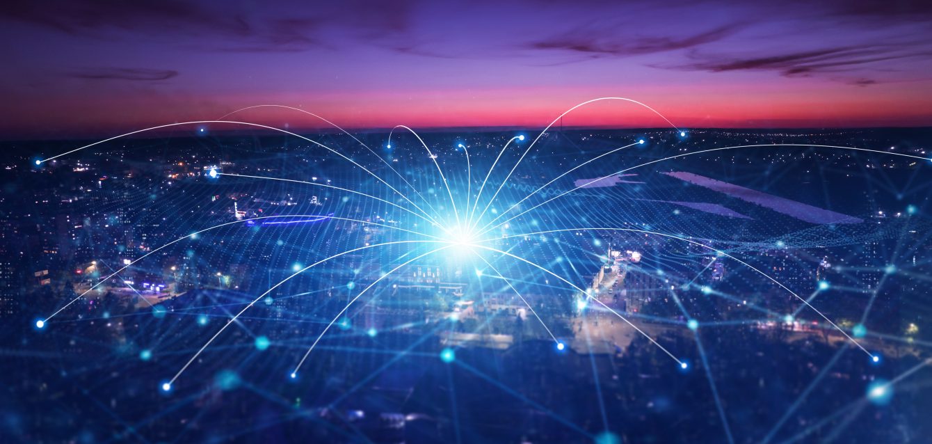 Smart city development concept.Modern big data connection technology is the future.Telecommunication and communication network on city.
