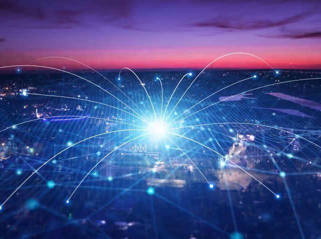 Smart city development concept.Modern big data connection technology is the future.Telecommunication and communication network on city.